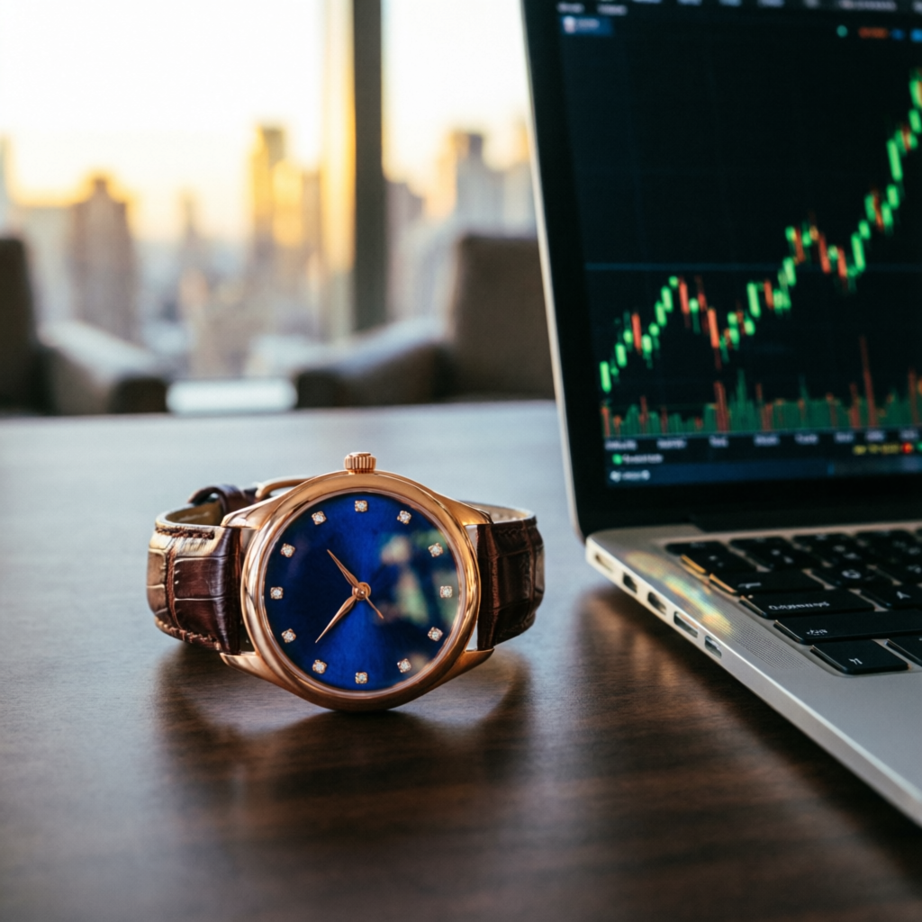 Luxury watch and laptop with trading charts representing successful funded trader lifestyle