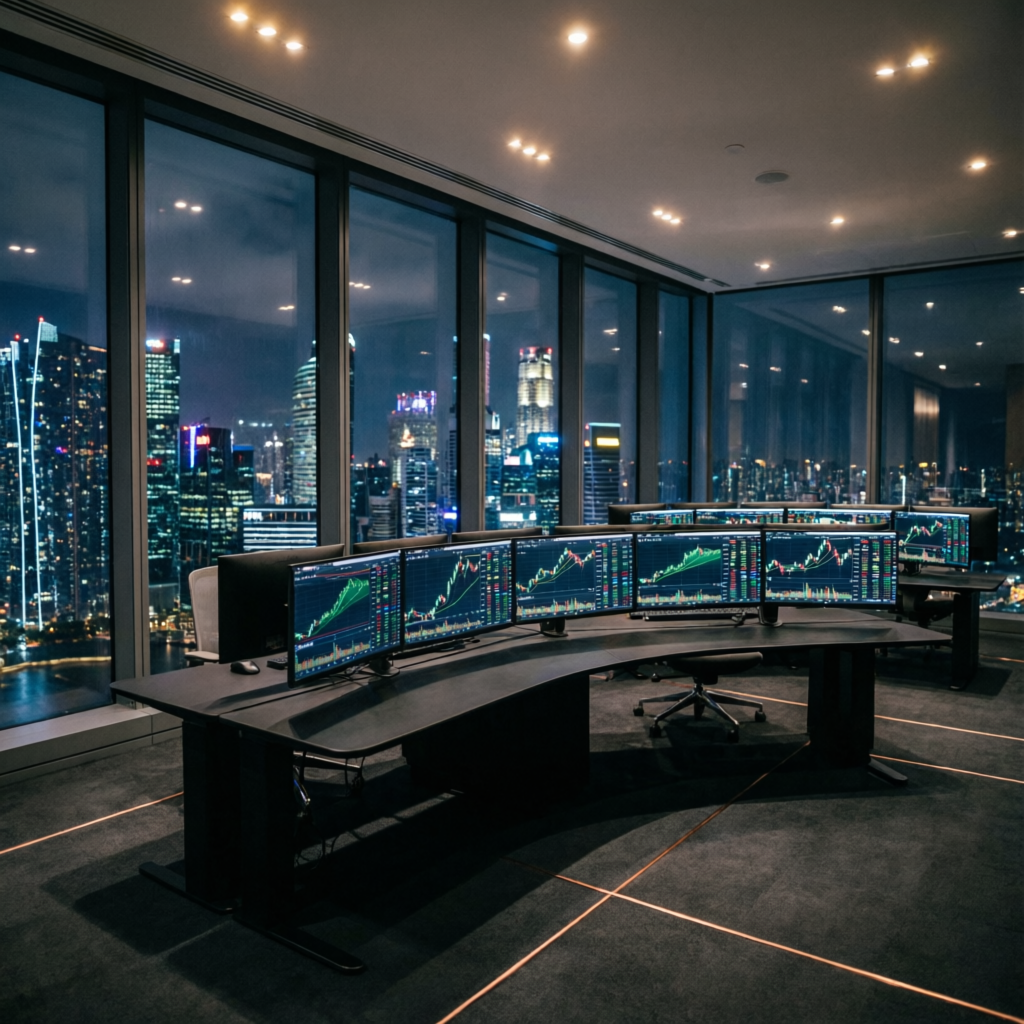 Modern fintech trading office with multiple monitors showing profit charts