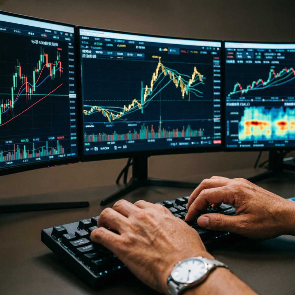 Professional trader working with multiple monitors showing futures trading charts