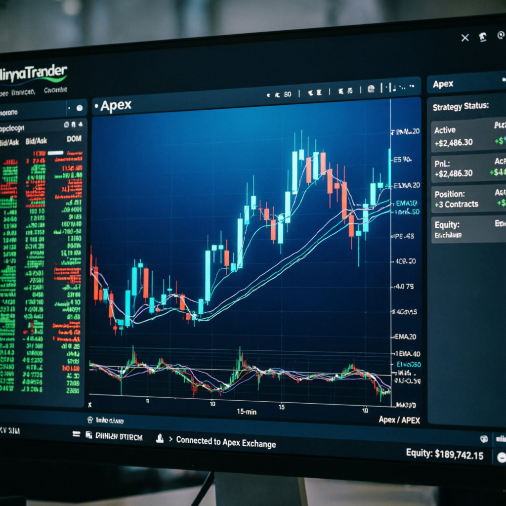 NinjaTrader platform interface showing Apex futures trading with advanced charts