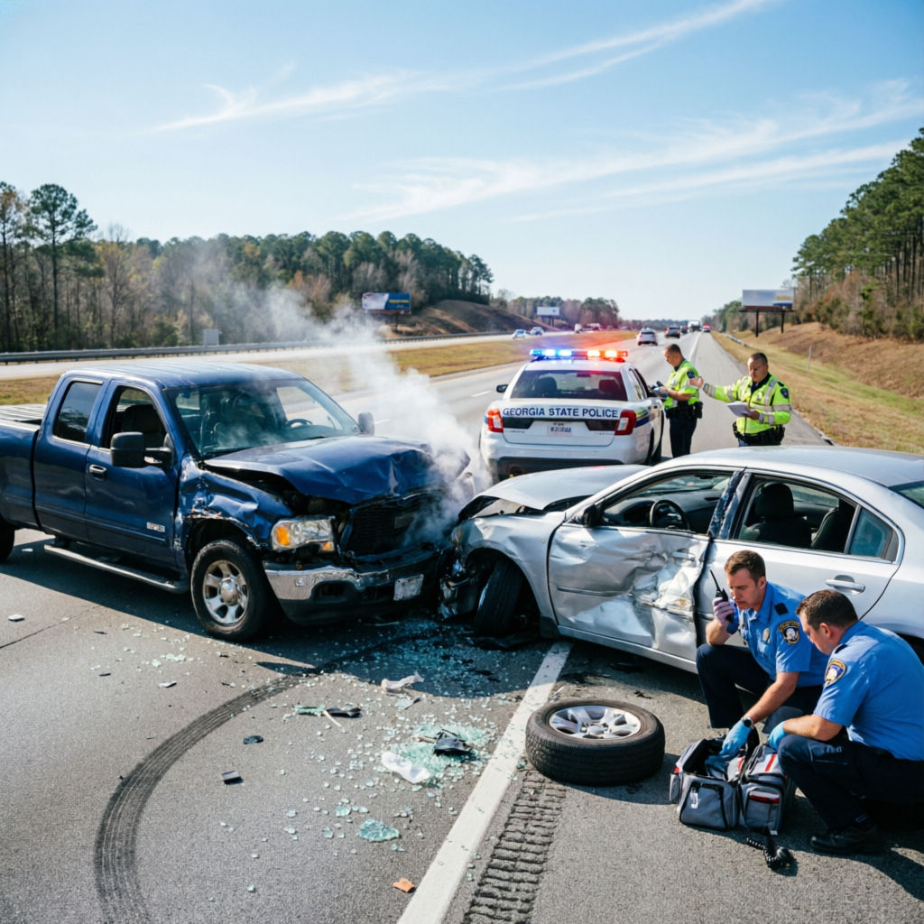 Car Accident Scene on American Highway in Georgia