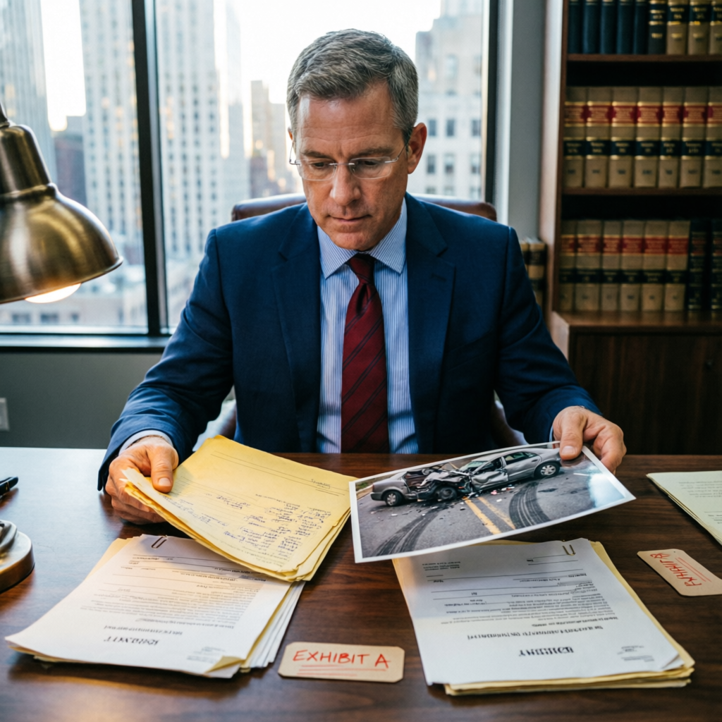 American Lawyer Reviewing Case Files and Evidence