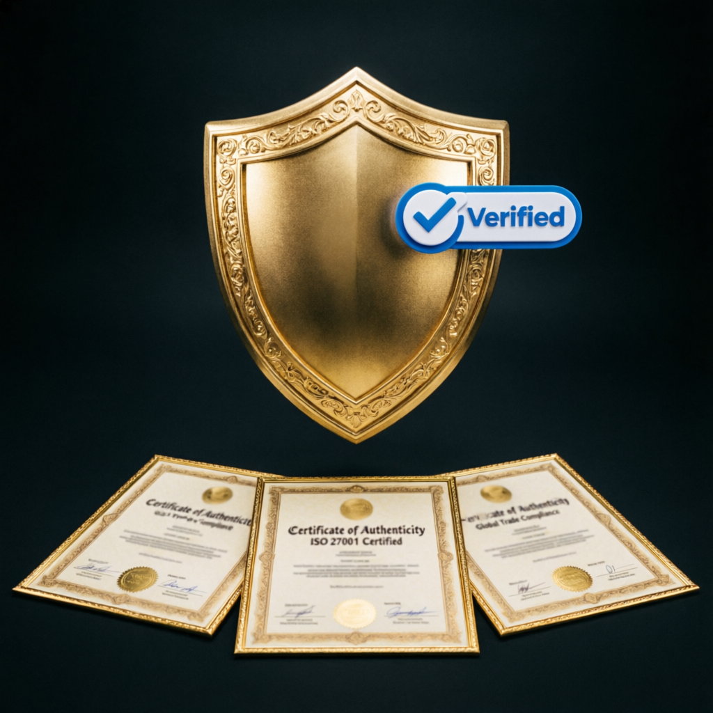 Gold shield with verified badge and certificates representing trust and security in prop trading