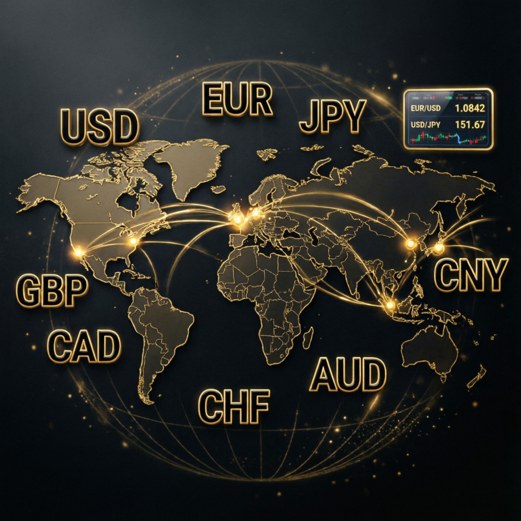 Global forex market with currency symbols representing international prop trading opportunities