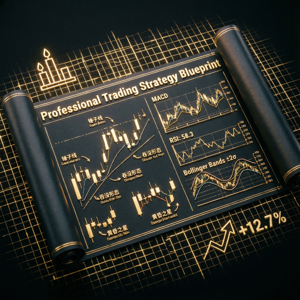 Professional trading strategy blueprint with candlestick patterns and technical indicators