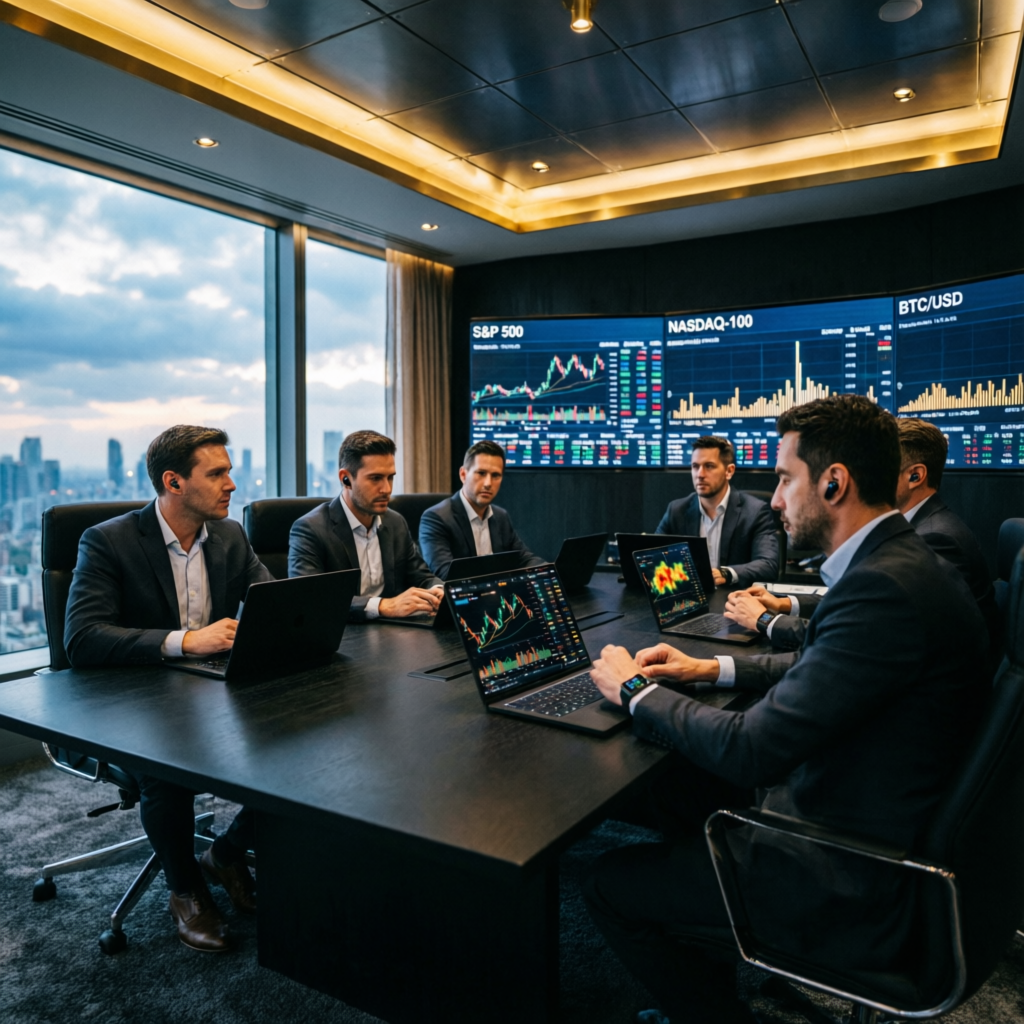 Elite prop trading team meeting in luxury office with trading screens