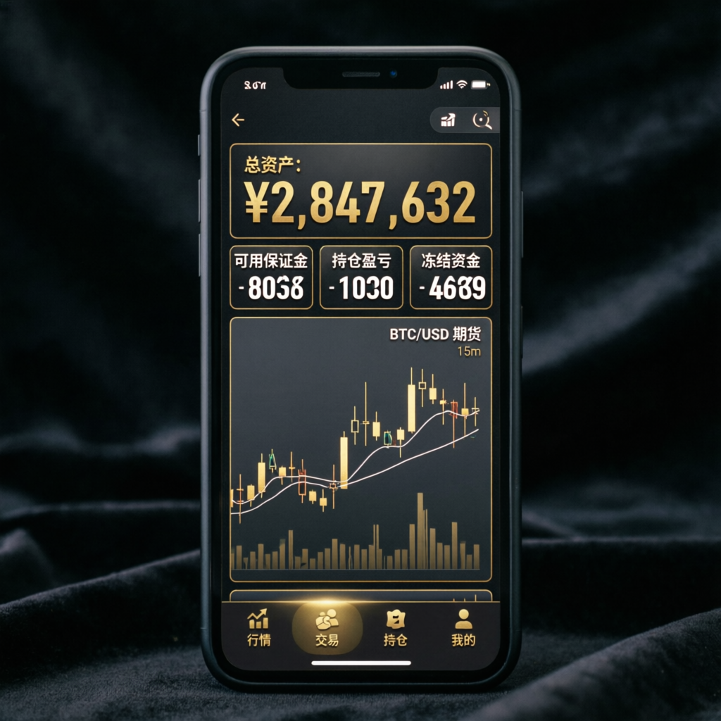 Mobile trading app showing futures account balance and trading charts
