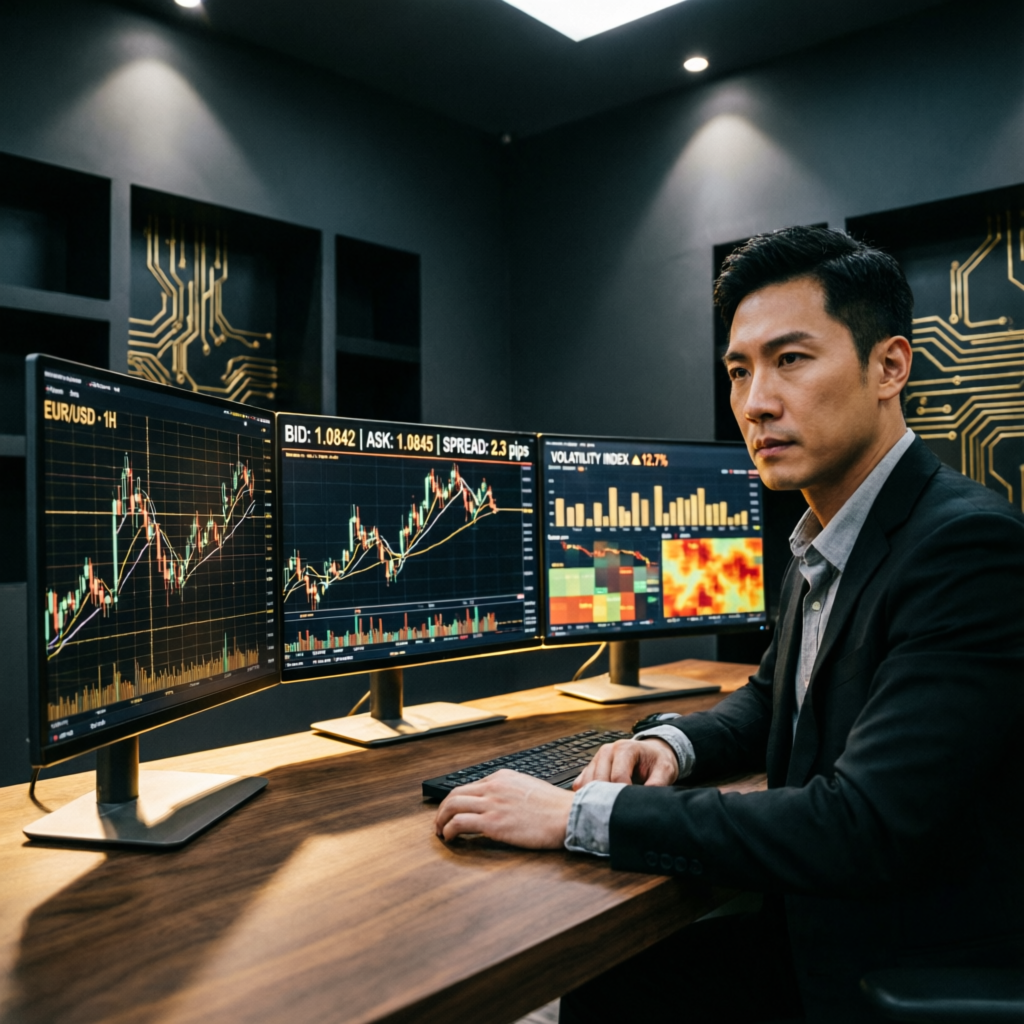 Professional forex trader analyzing Apex Trader Funding charts on multiple monitors
