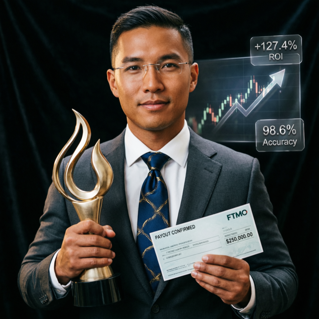 Professional trader holding payout confirmation check and trophy representing Apex Trader Funding success