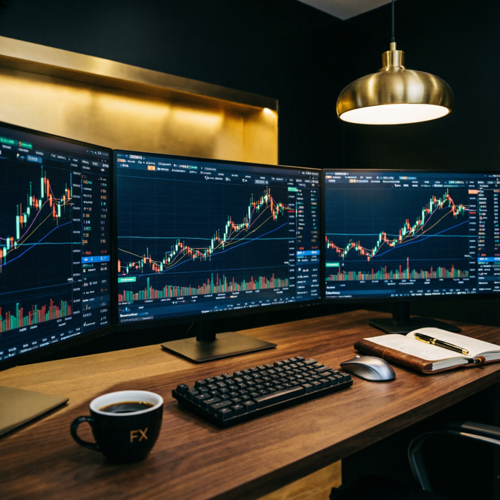 Professional forex trading workspace with multiple monitors showing Apex Trader Funding charts