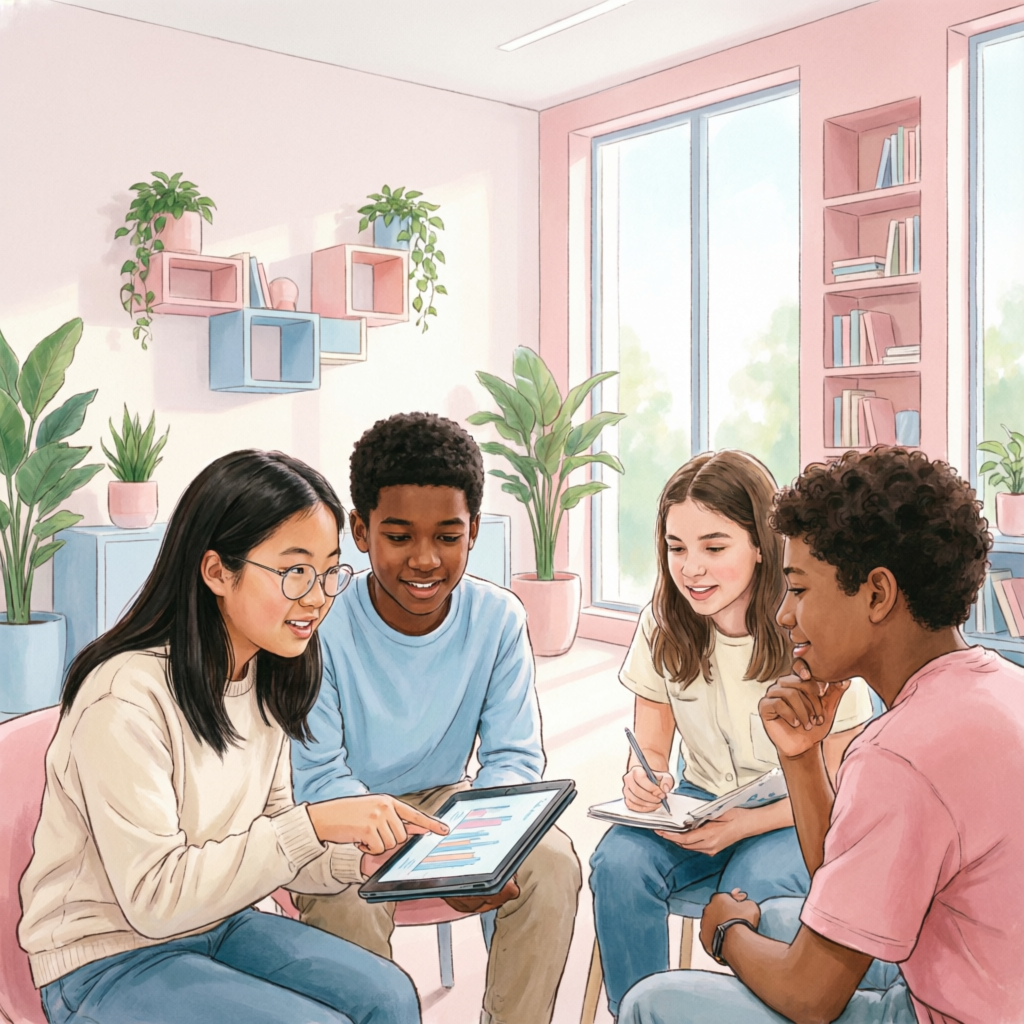 Glückliche diverse Schülergruppe beim Lernen