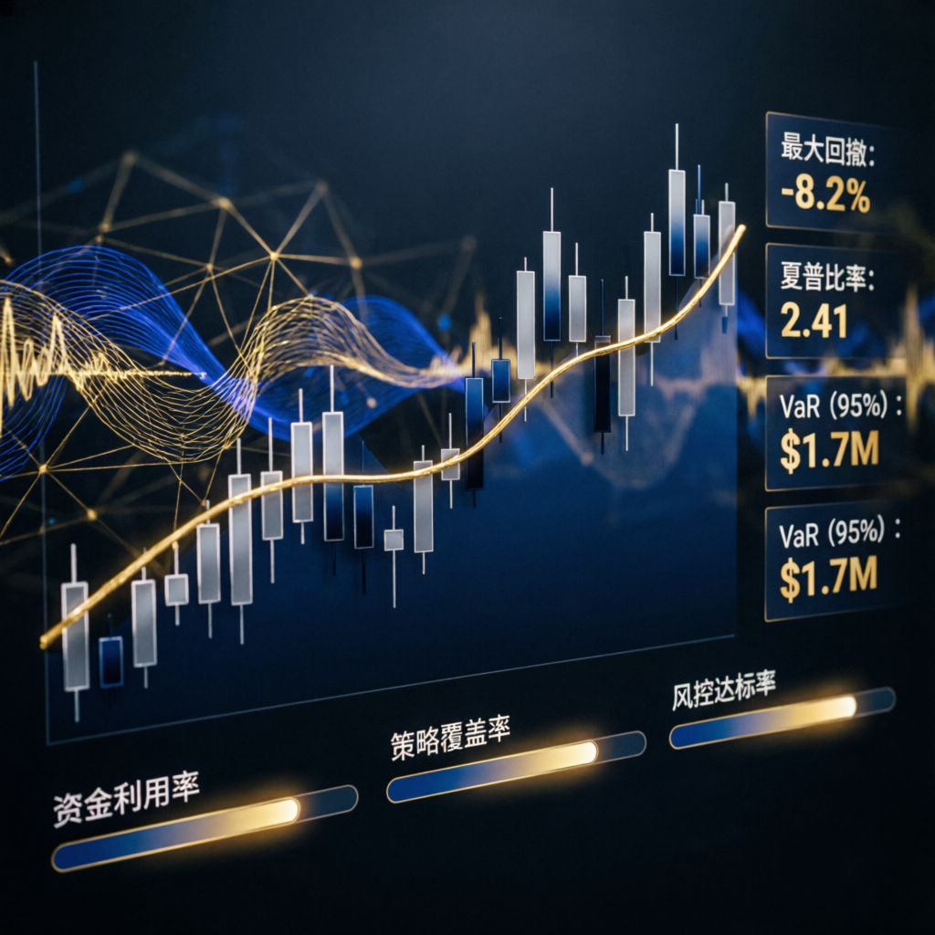 Institutional trading interface with risk management indicators and account progress visualization