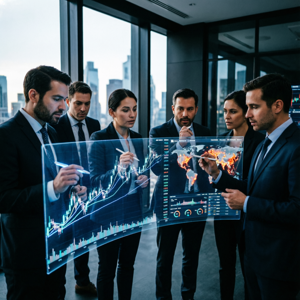 Professional traders analyzing market data together