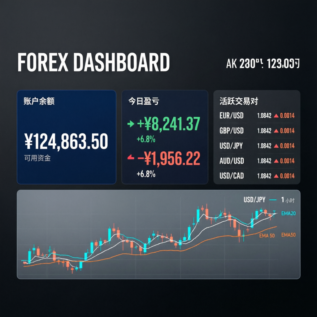 Forex trading dashboard with multiple pairs and performance metrics