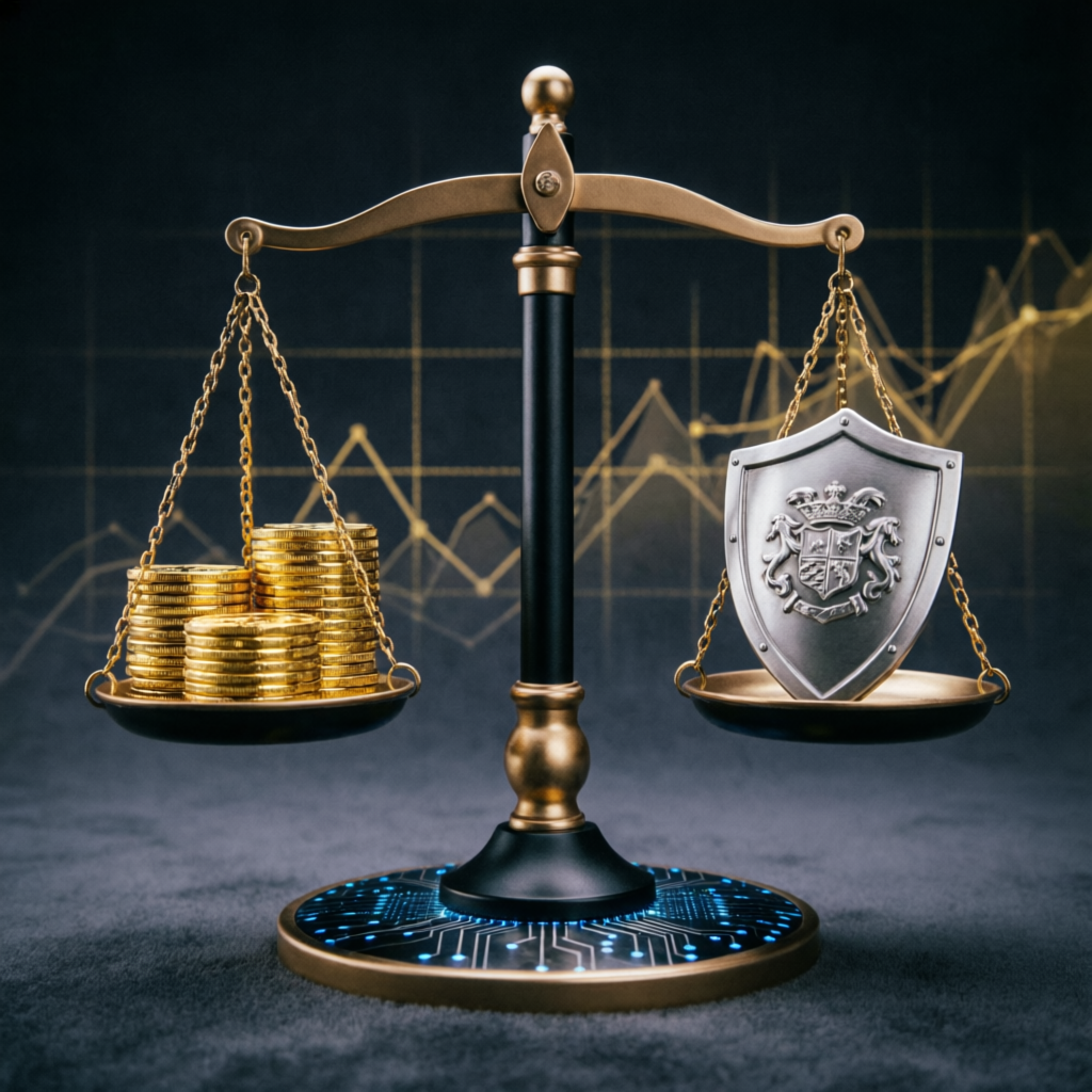 Risk vs reward balance scale for trading decisions
