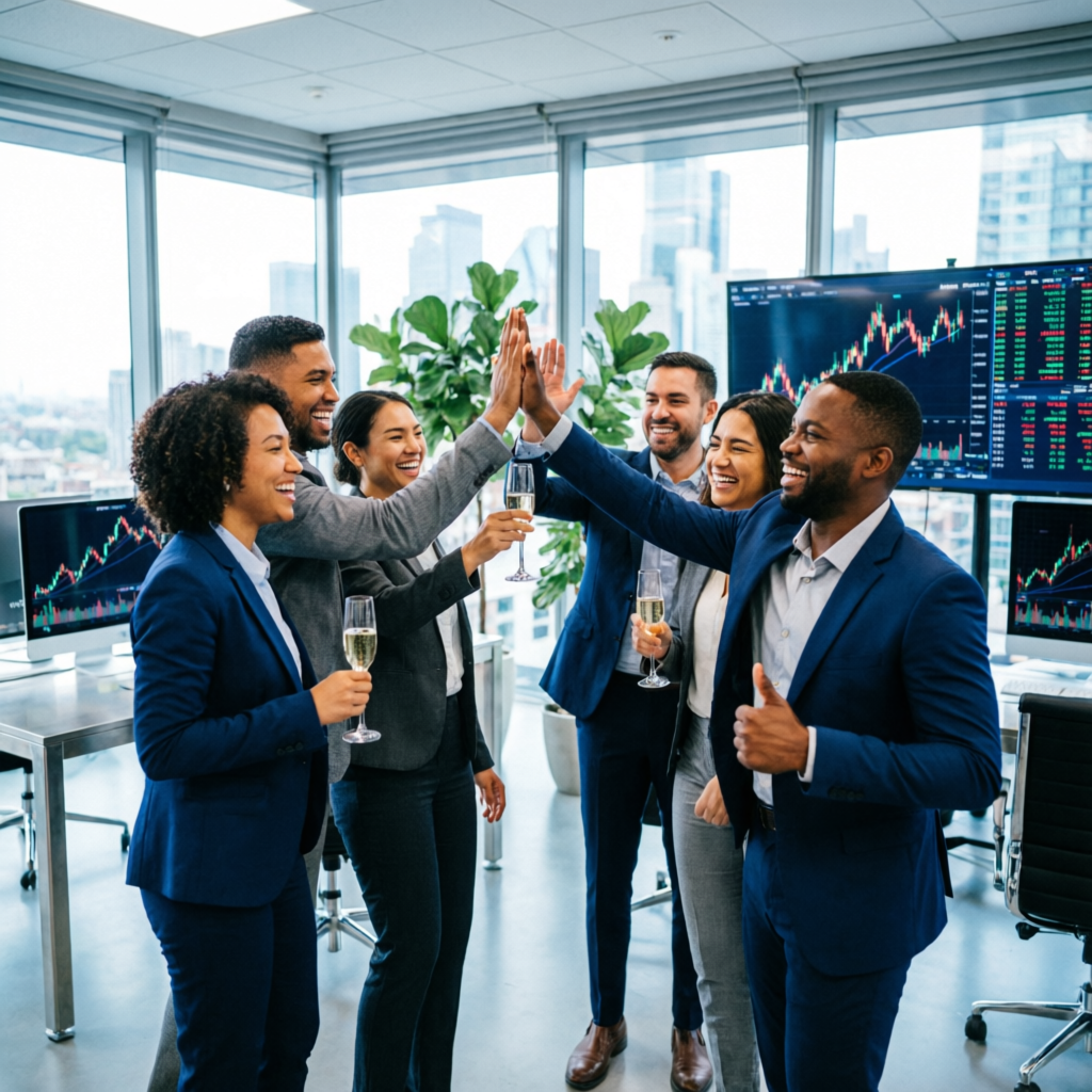 Successful traders celebrating funded account achievement