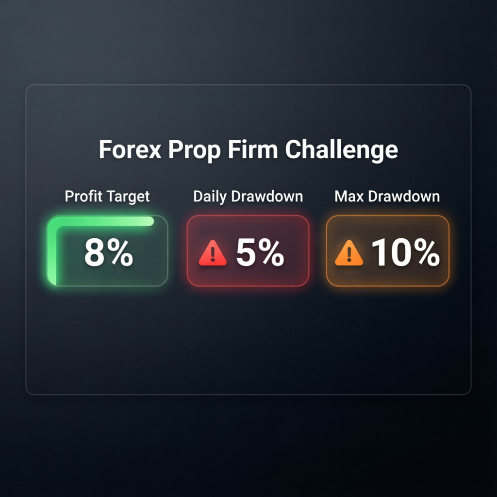 Forex Prop Firm Challenge rules showing Profit Target 8%, Daily Drawdown 5%, and Max Drawdown 10%