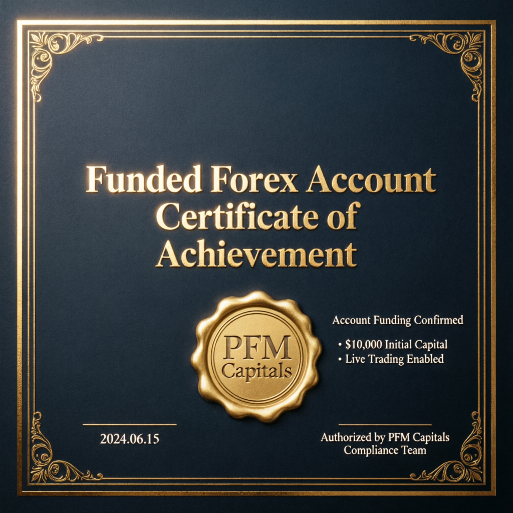 Funded Forex Account Certificate of Achievement from PFM Capitals with gold seal