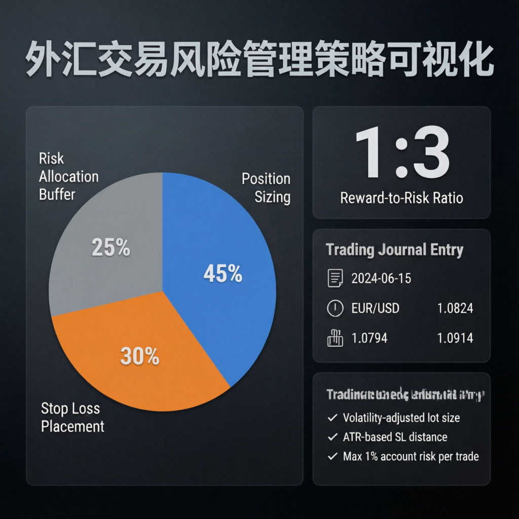 Risk management strategy visualization showing position sizing, stop loss placement, and reward-to-risk ratio for forex trading