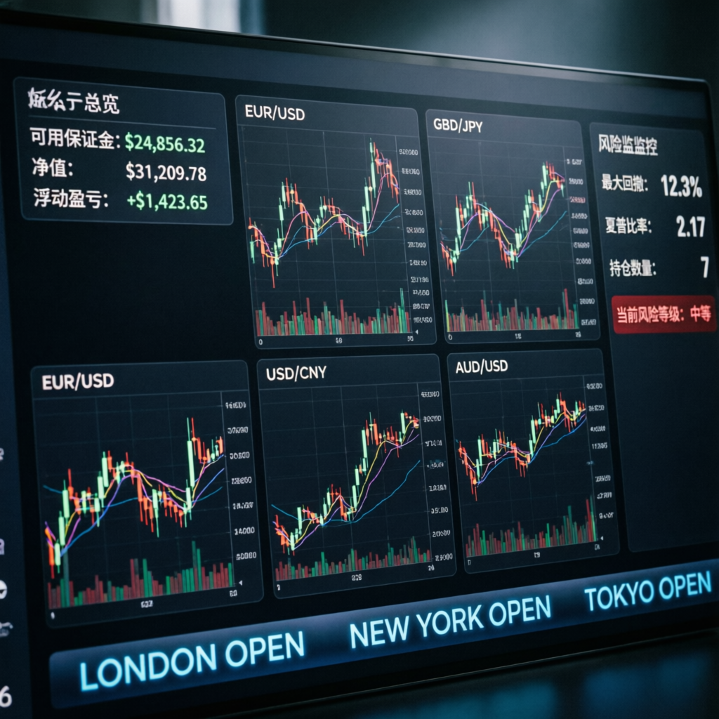 Professional forex trading dashboard with risk management indicators and multiple currency pair charts
