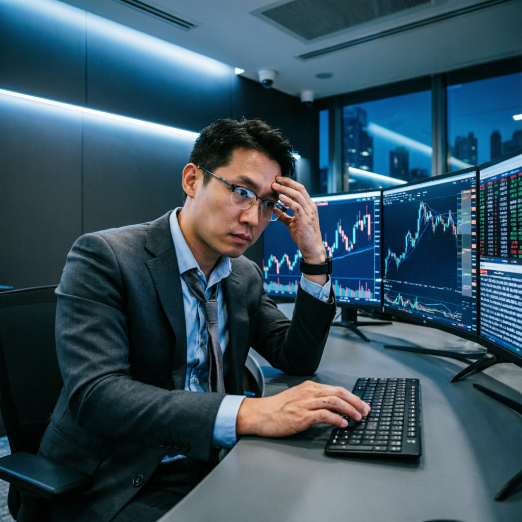 Professional forex trader analyzing currency charts on multiple monitors in a modern trading office