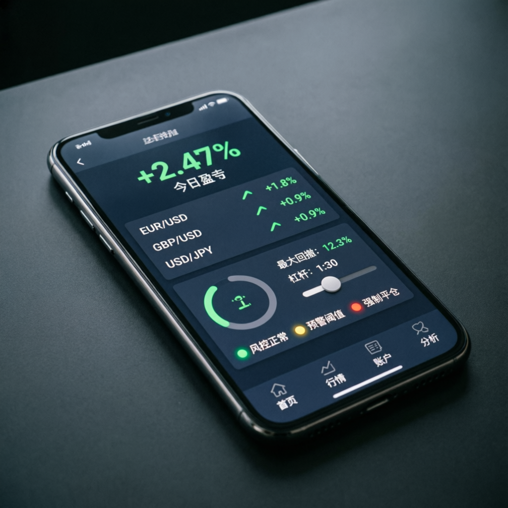 Mobile trading app showing +2.47% daily profit with risk control indicators for forex portfolio