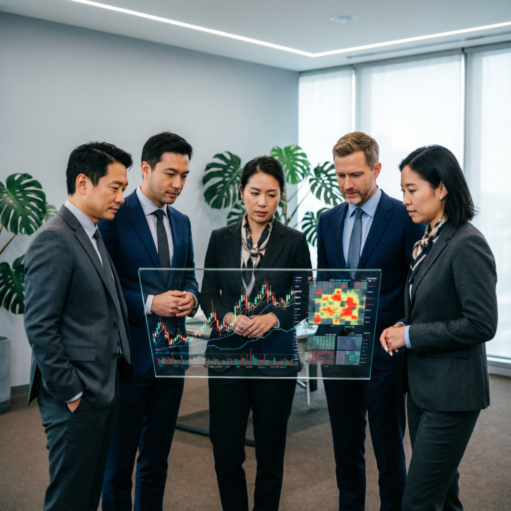 Professional trading team analyzing futures markets and prop firm evaluations