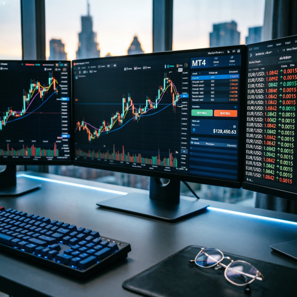 Professional forex trading workspace with multiple monitors showing charts and trading terminal - PFM Capitals Prop Firms Passing Service