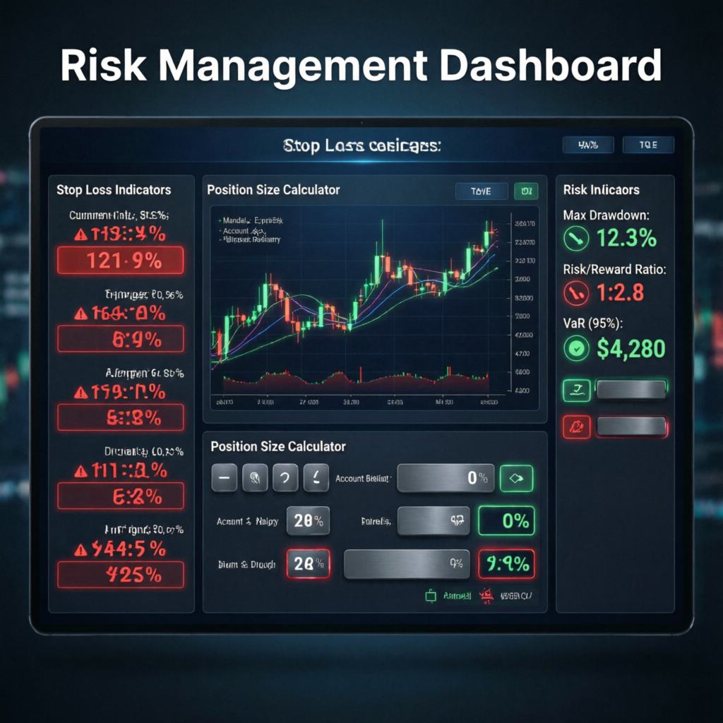 Risk Management Dashboard showing stop loss indicators and position sizing tools for prop firm trading