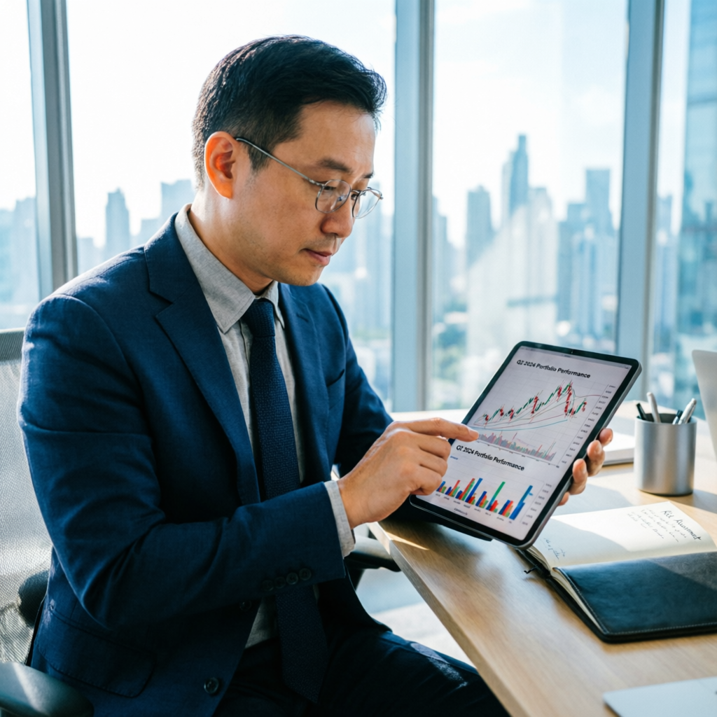 Professional financial advisor reviewing trading performance charts - PFM Capitals Funded Account Management Service