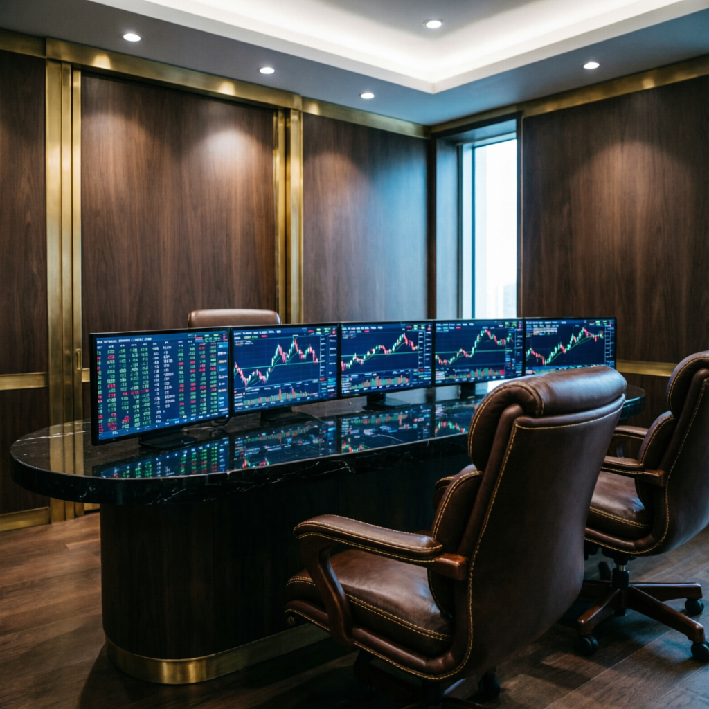 Professional trading office with multiple monitors showing Topstep dashboard