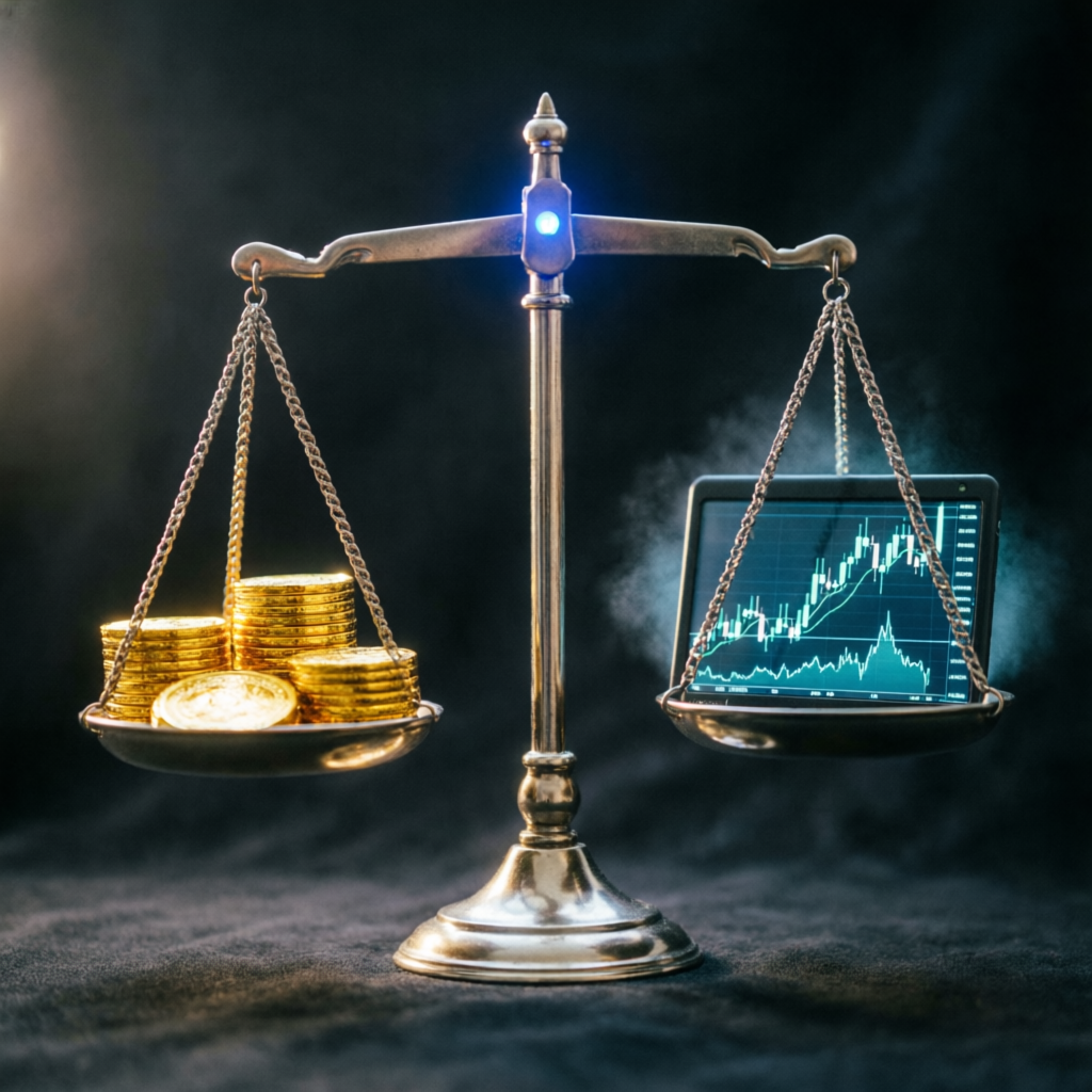 Risk management balance scale representing prop firm comparison