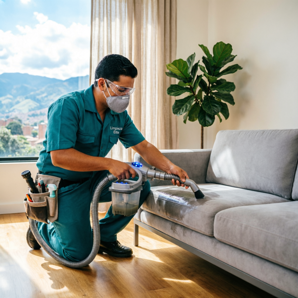 Técnico profesional realizando lavado de sofá a domicilio en Medellín con máquina de inyección y succión