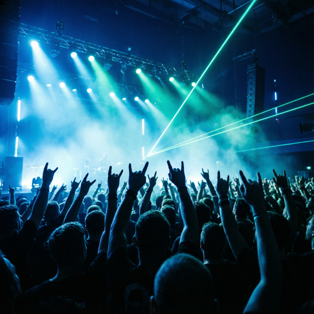 Público de rock bajo luces azules