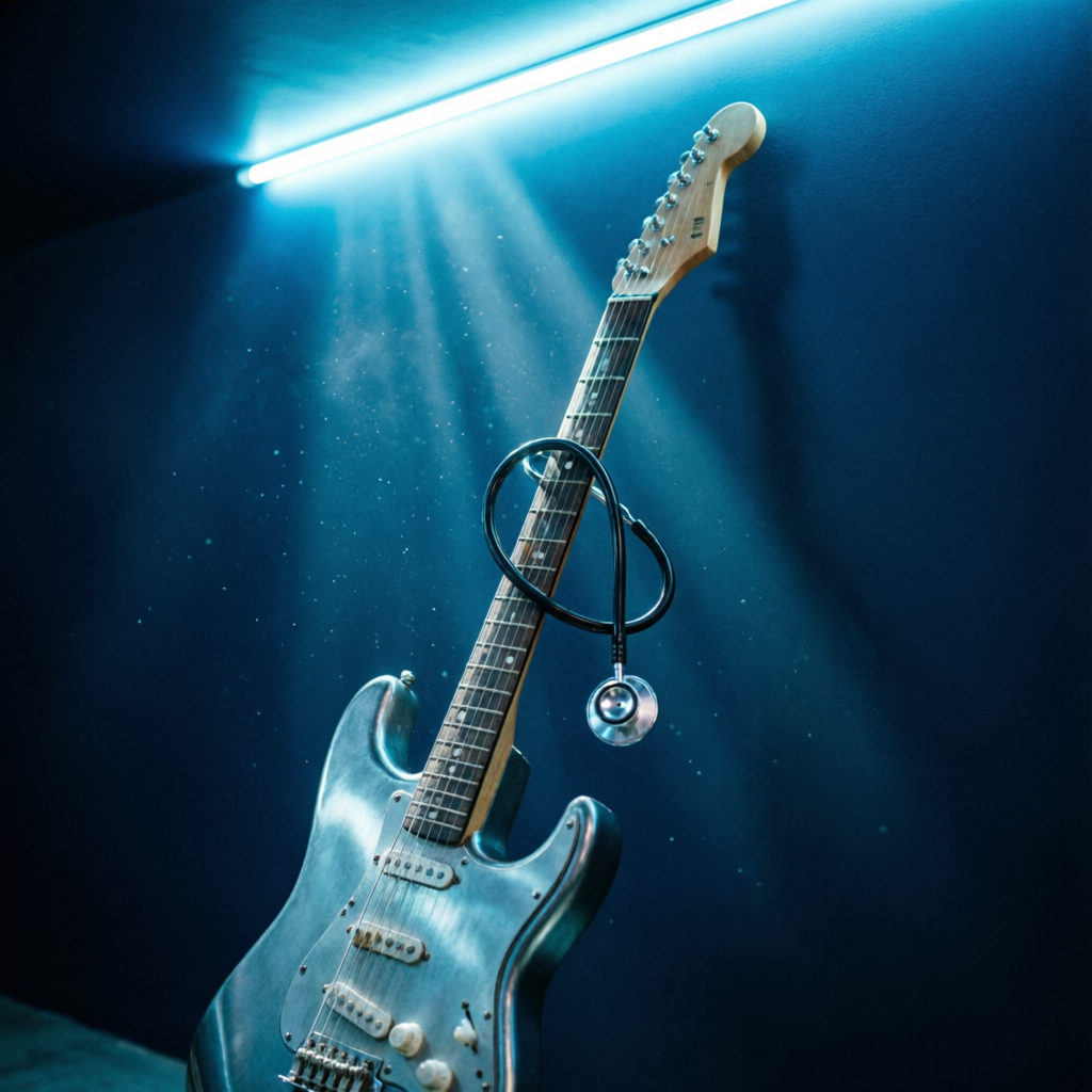 Guitarra eléctrica con estetoscopio bajo luz azul — El Doctor de Canciones