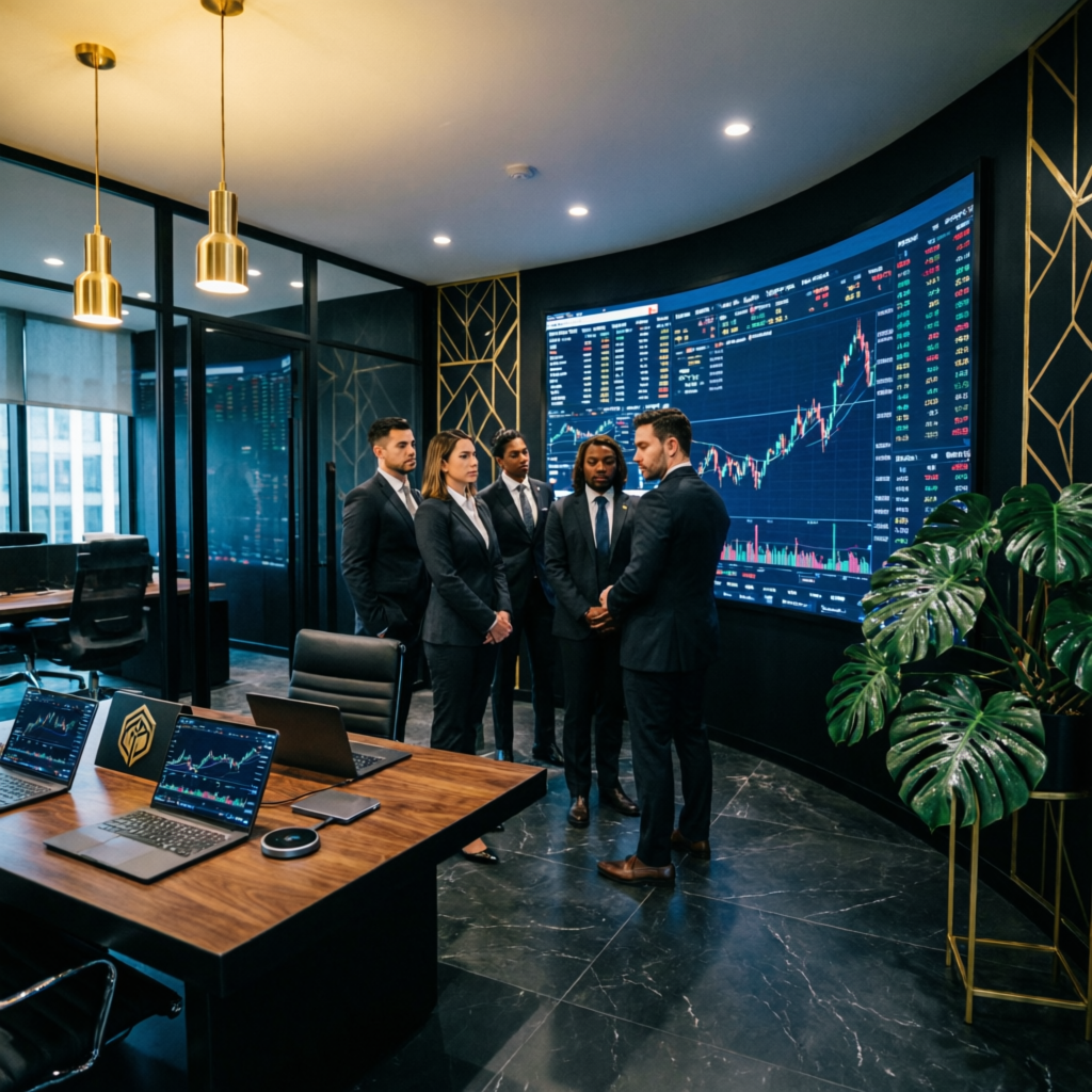 Elite team of professional traders in modern office