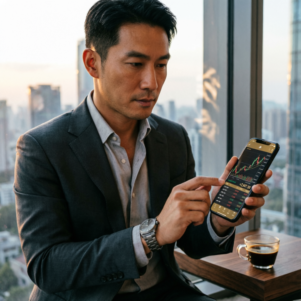 Professional trader using mobile trading app