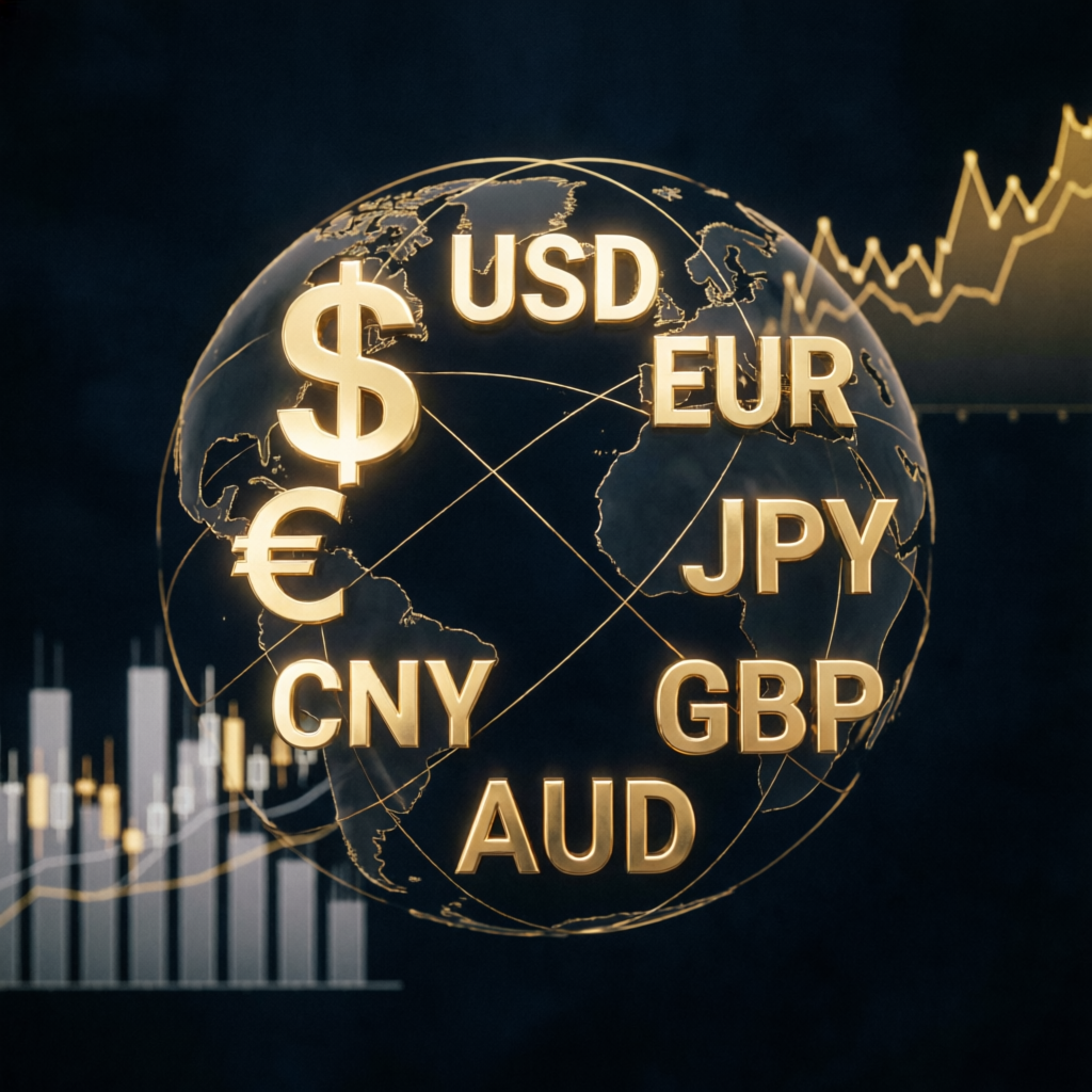 Global forex markets with currency symbols