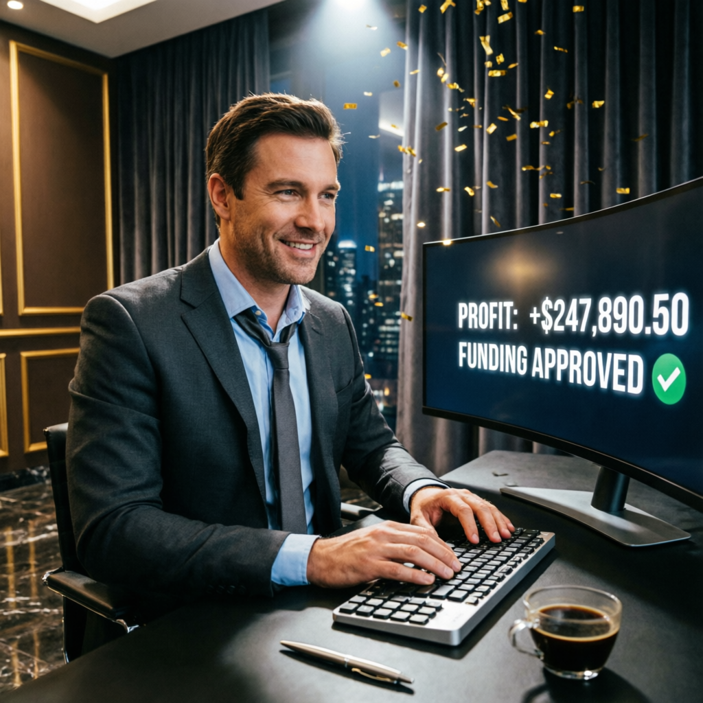 Funded trader celebrating profit achievement