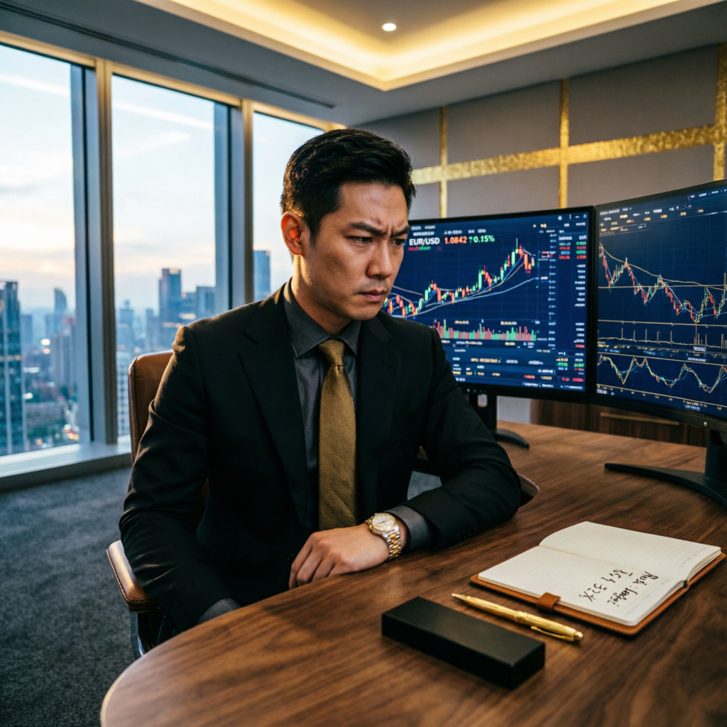 Professional Apex Trader analyzing charts in luxury office