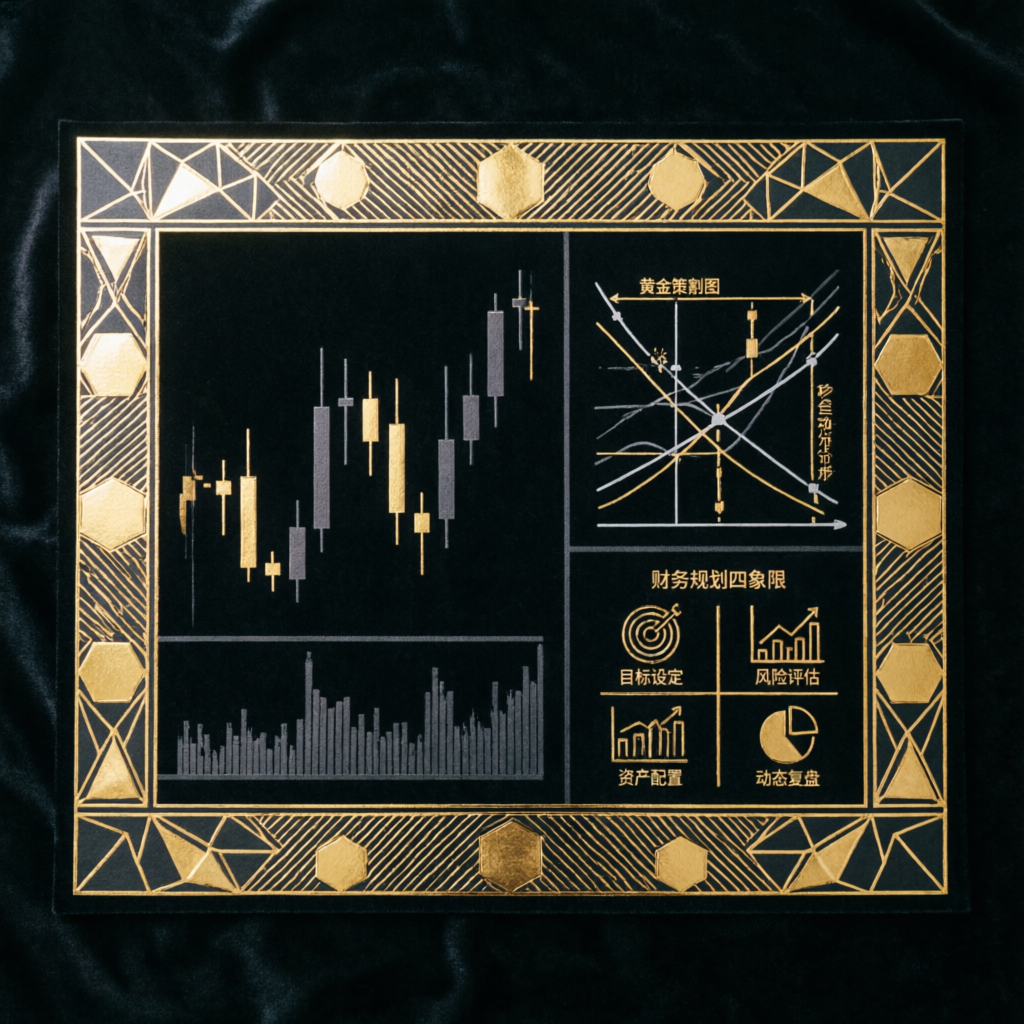 Trading strategy blueprint with gold geometric patterns