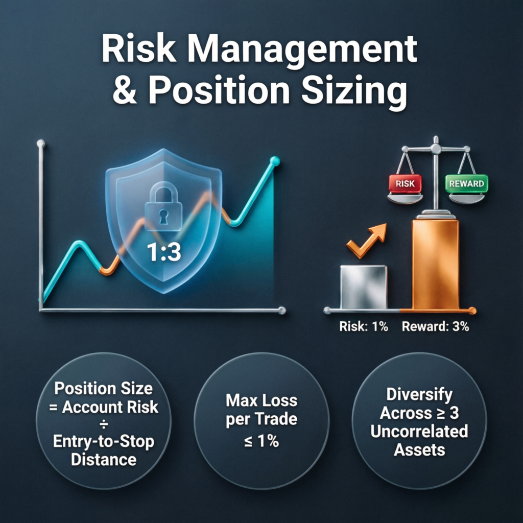 Risk management and position sizing illustration with shield icon and risk-reward balance scale