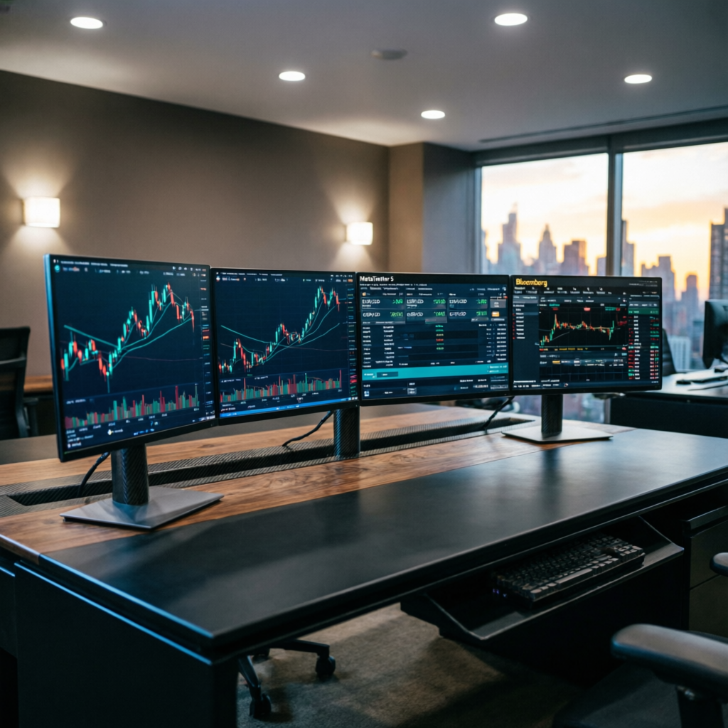 Professional trading desk with multiple monitors showing forex charts and trading platforms at PFM Capitals
