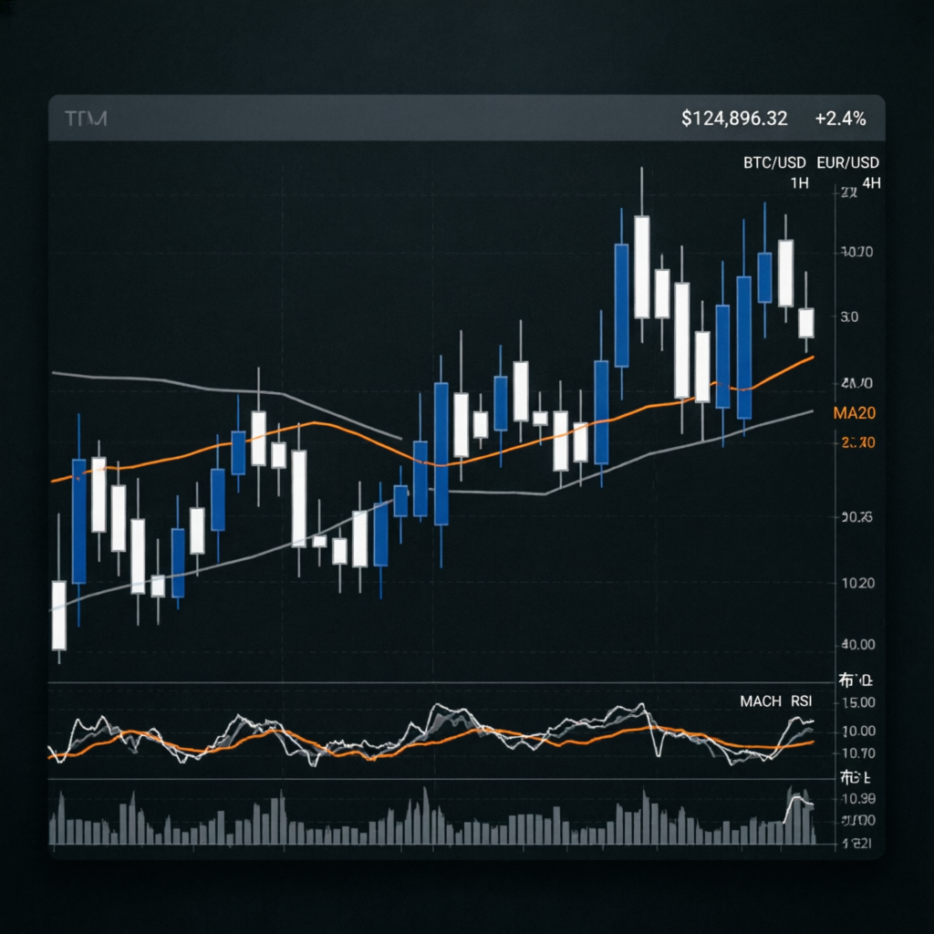 Forex trading strategy visualization with candlestick charts, trend lines, and technical indicators