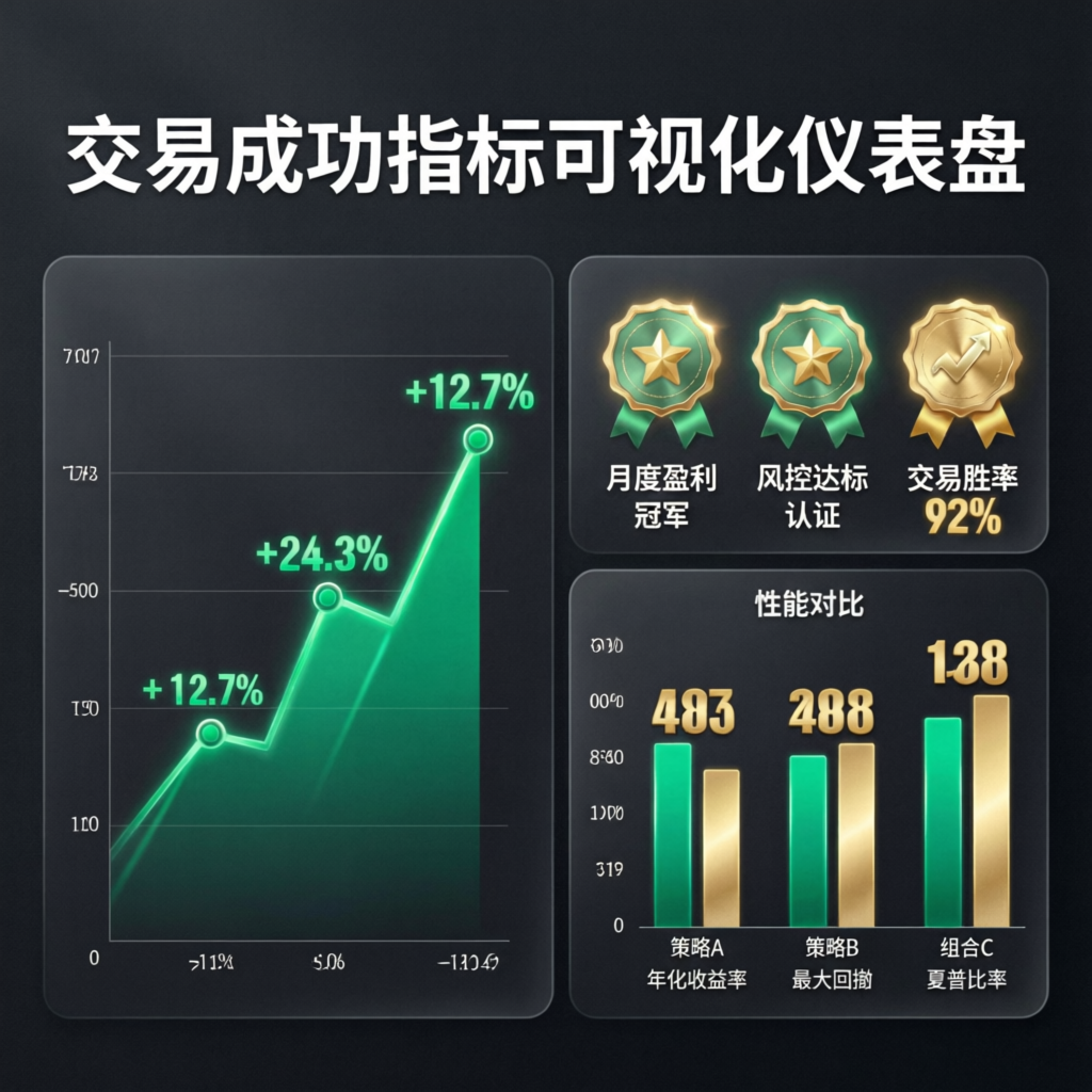 Trading success metrics visualization showing growing profit charts and performance achievements