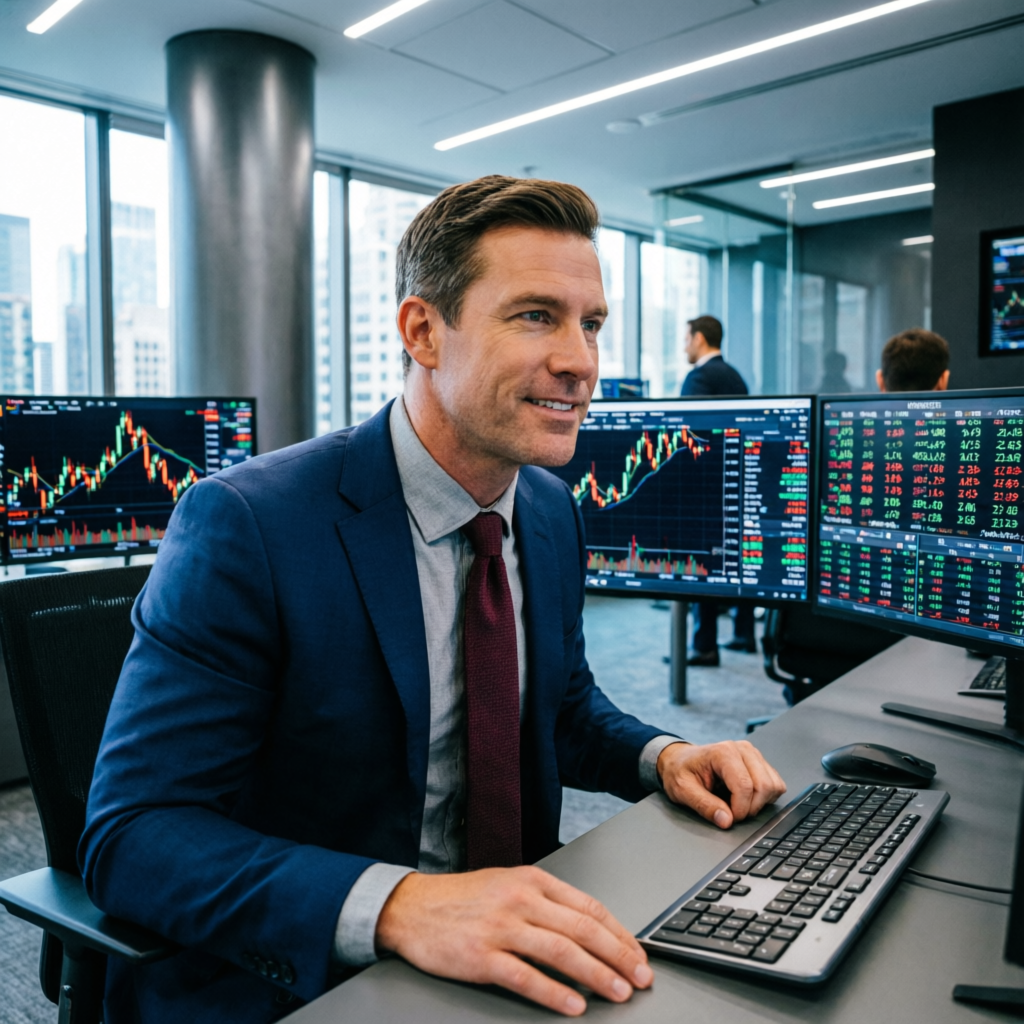 Professional prop firm trader working at modern trading station with multiple screens showing live market data