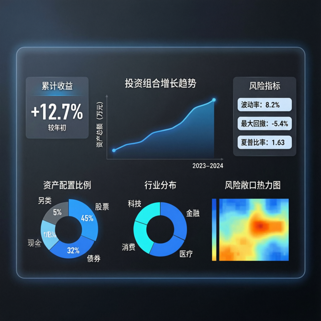 Funded account management dashboard showing portfolio growth, profit metrics, and risk management charts