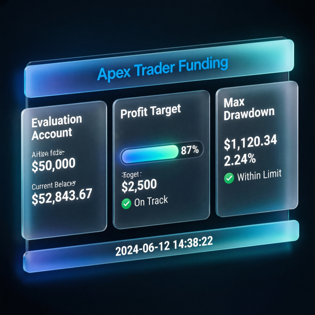 Apex Trader Funding evaluation dashboard showing profit target and drawdown metrics