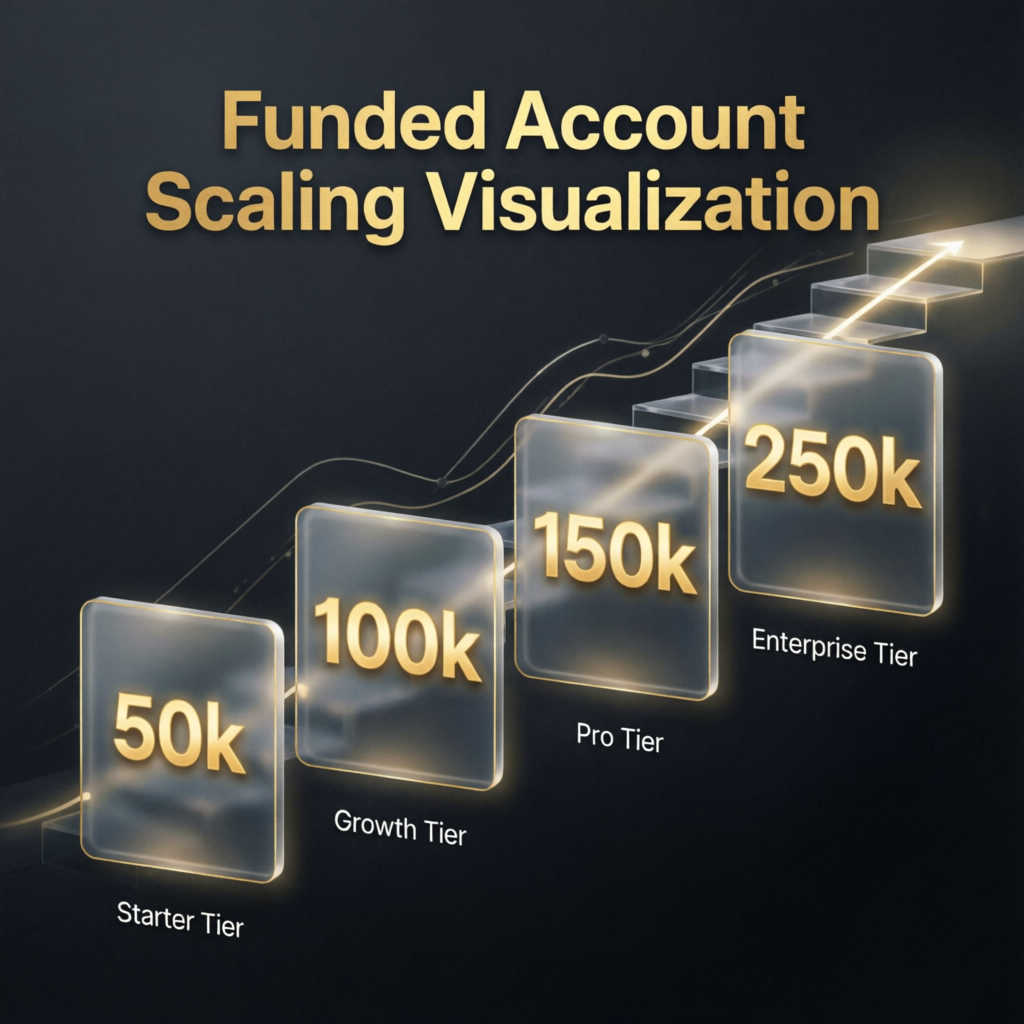 Funded account scaling visualization showing 50k to 250k tiers