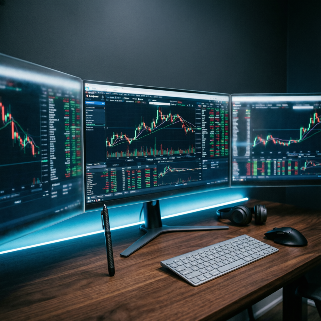 Professional trader workspace with multiple screens showing futures trading